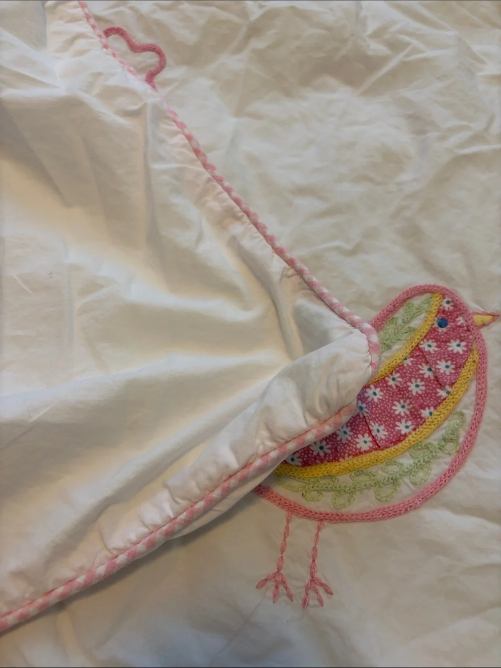 Pottery Barn Kids Full/Queen White Pink Embroidered Crewel Birds Flowers Duvet